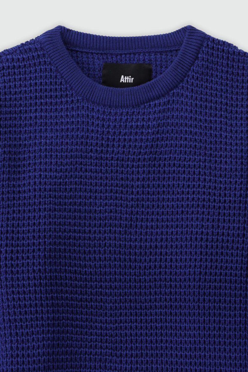 Tuck Knitted Crew Neck Jumper in Lapis Blue