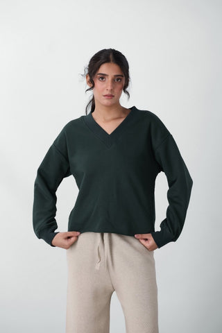 V - neck Sweatshirt in Dark Green - AttirSWEATSHIRT