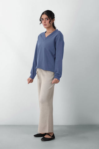 V - neck Sweatshirt in Steel Blue - AttirSWEATSHIRT