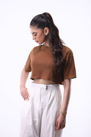 Waffle - Knit Crop T-shirt in Cinnamon - AttirTEE