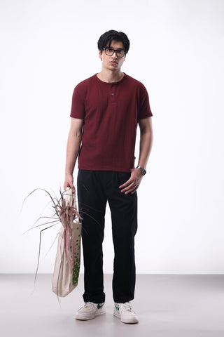 Waffle - knit Henley Shirt in Maroon - AttirHENLEY