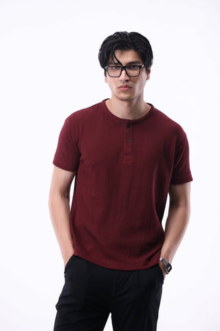 Waffle - knit Henley Shirt in Maroon - AttirHENLEY