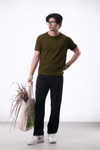 Waffle - knit Henley Shirt in Olive - AttirHENLEY