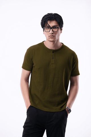 Waffle - knit Henley Shirt in Olive - AttirHENLEY