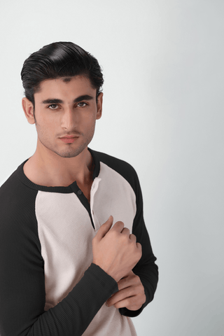 Waffle - Knit Raglan Henley in Black - AttirHENLEY