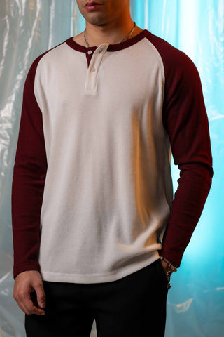 Waffle - Knit Raglan Henley in Maroon - AttirCONTRAST - HENLEY