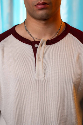 Waffle - Knit Raglan Henley in Maroon - AttirCONTRAST - HENLEY