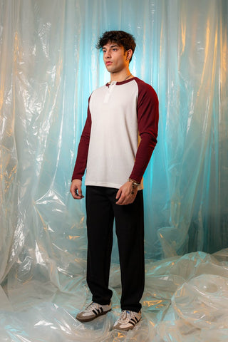 Waffle - Knit Raglan Henley in Maroon - AttirCONTRAST - HENLEY