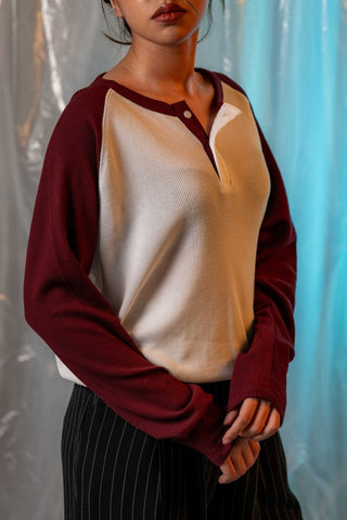 Waffle - Knit Raglan Henley in Maroon - AttirCONTRAST - HENLEY
