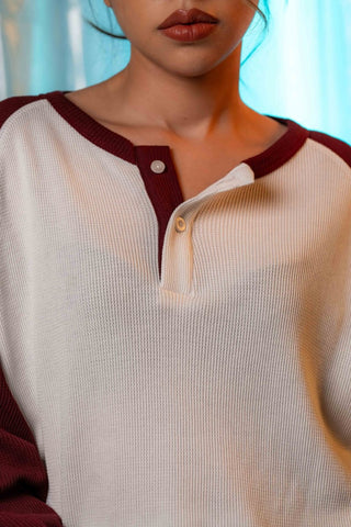 Waffle - Knit Raglan Henley in Maroon - AttirCONTRAST - HENLEY
