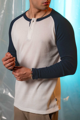 Waffle - Knit Raglan Henley in Navy - AttirCONTRAST - HENLEY
