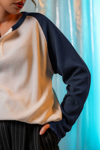 Waffle - Knit Raglan Henley in Navy - AttirCONTRAST - HENLEY