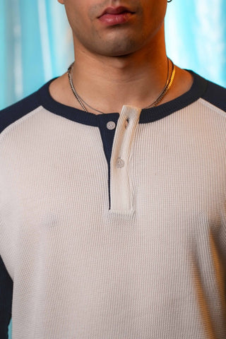 Waffle - Knit Raglan Henley in Navy - AttirCONTRAST - HENLEY