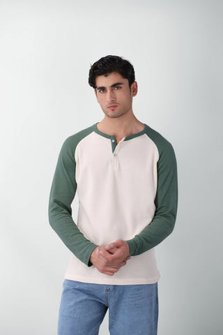 Waffle - Knit Raglan Henley in Pastel Green - AttirHENLEY