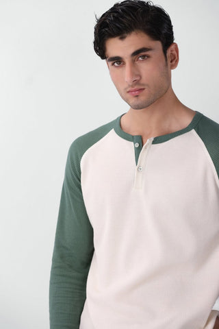Waffle - Knit Raglan Henley in Pastel Green - AttirHENLEY