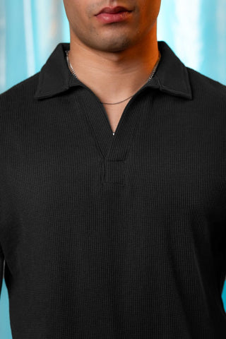 Waffle - Knit Revere Polo Shirt in Black - AttirPOLO
