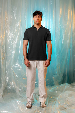 Waffle - Knit Revere Polo Shirt in Black - AttirPOLO