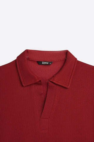 Waffle - Knit Revere Polo Shirt in Blood Red - AttirPOLO