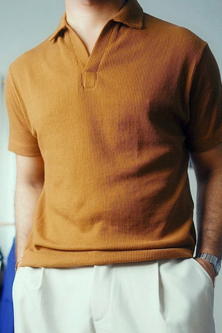 Waffle - Knit Revere Polo Shirt in Cinnamon - AttirPOLO