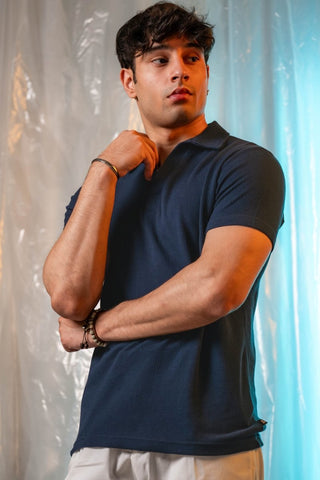 Waffle - Knit Revere Polo Shirt in Navy - AttirPOLO