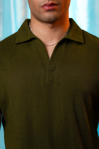 Waffle - Knit Revere Polo Shirt in Olive - AttirPOLO