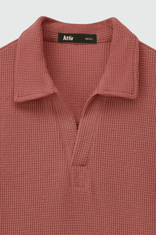Waffle - Knit Revere Polo Shirt in Salmon Pink - AttirPOLO
