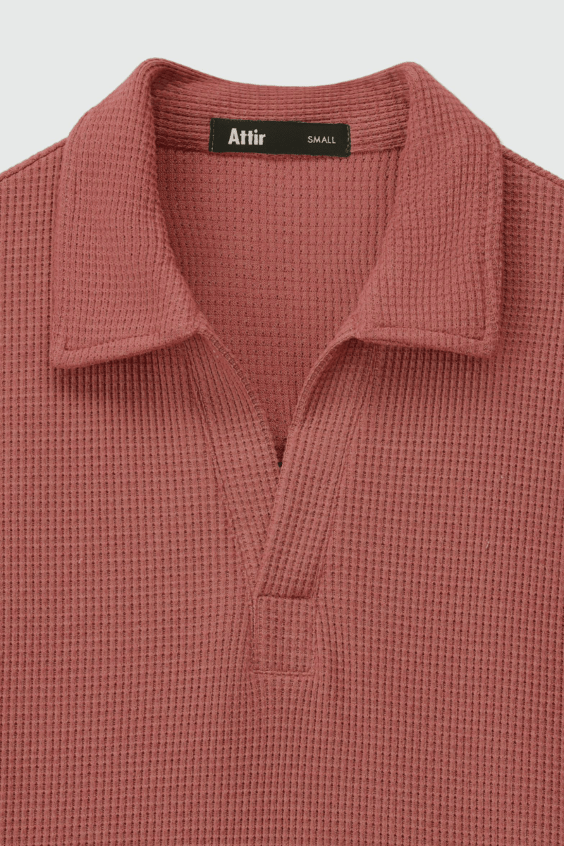 Waffle-Knit Revere Polo Shirt in Salmon Pink