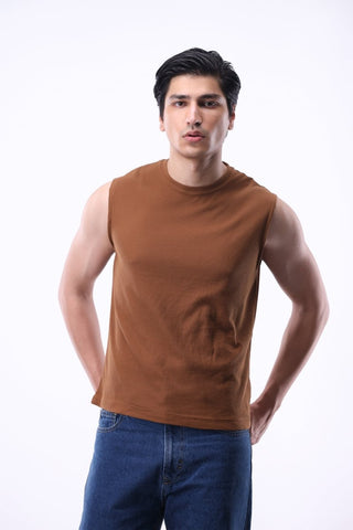 Waffle - knit Sleeveless T-shirt in Cinnamon - AttirTEE