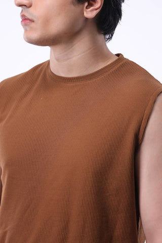 Waffle - knit Sleeveless T-shirt in Cinnamon - AttirTEE
