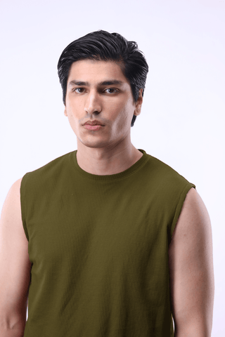 Waffle - knit Sleeveless T-shirt in Olive - AttirTEE