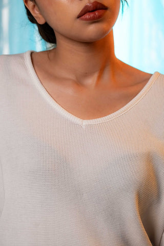 Waffle Textured V - neck Tee in White - AttirTEE