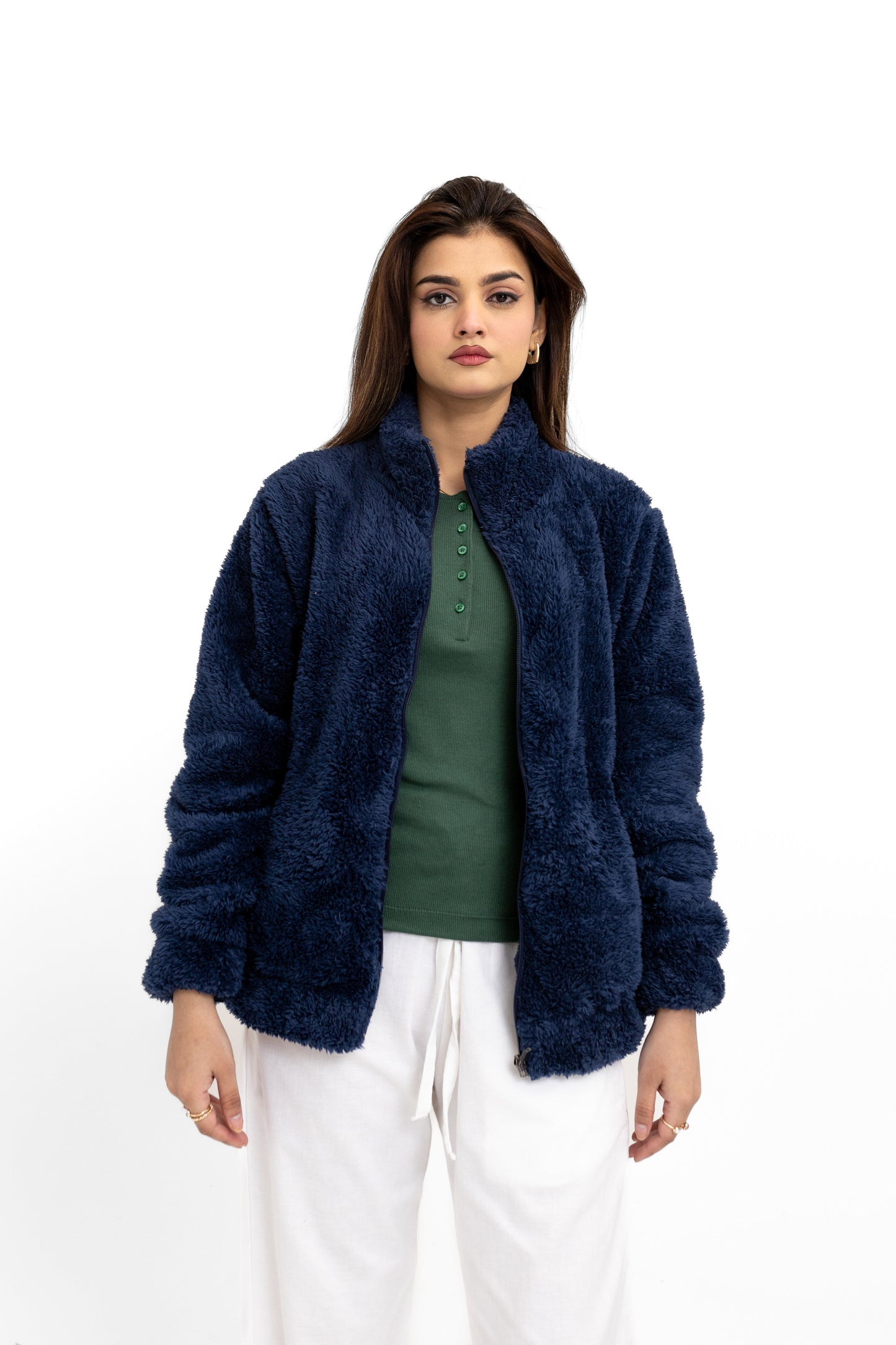 Teddy Fur Mock Jacket in Navy