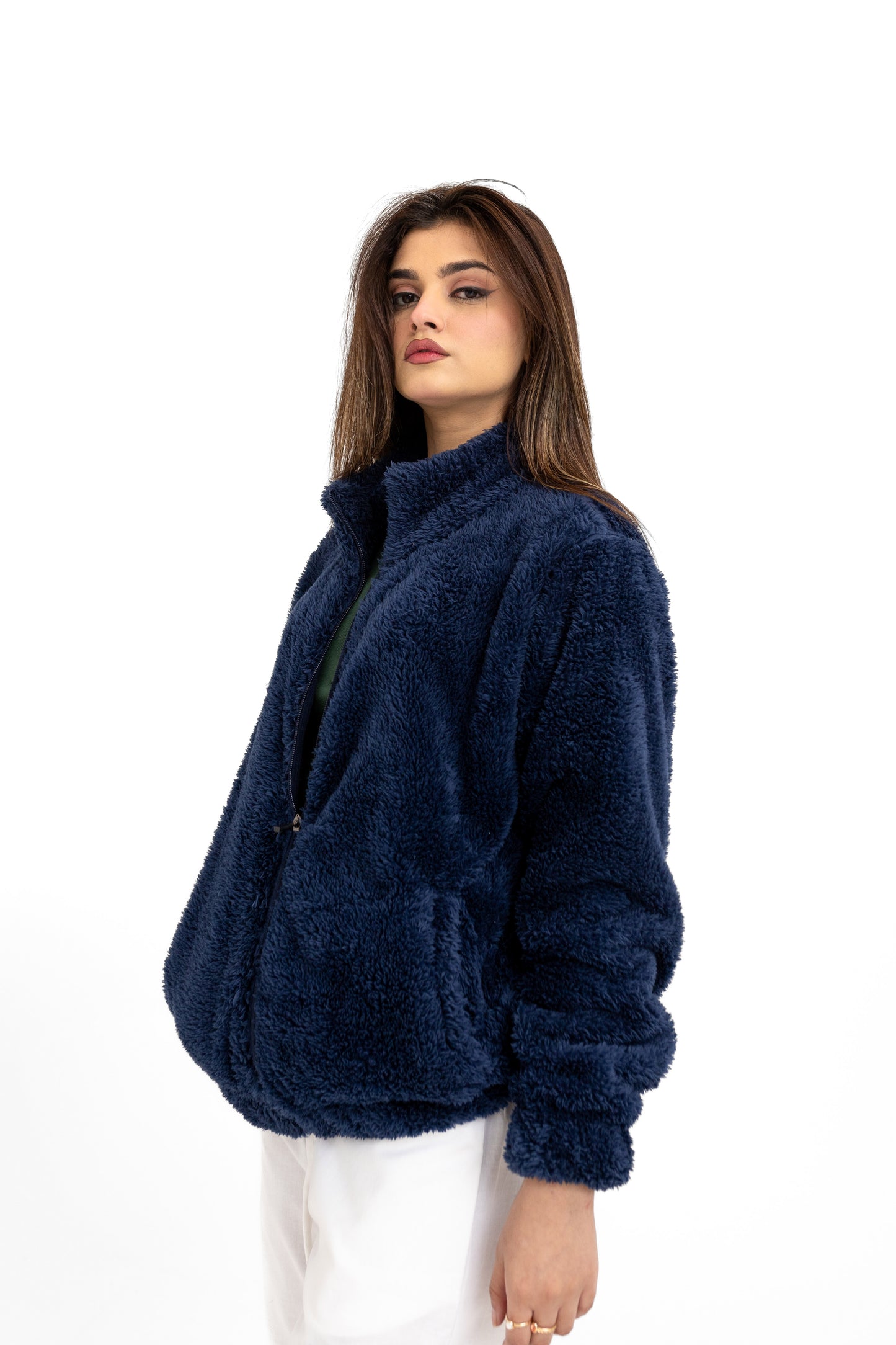 Teddy Fur Mock Jacket in Navy