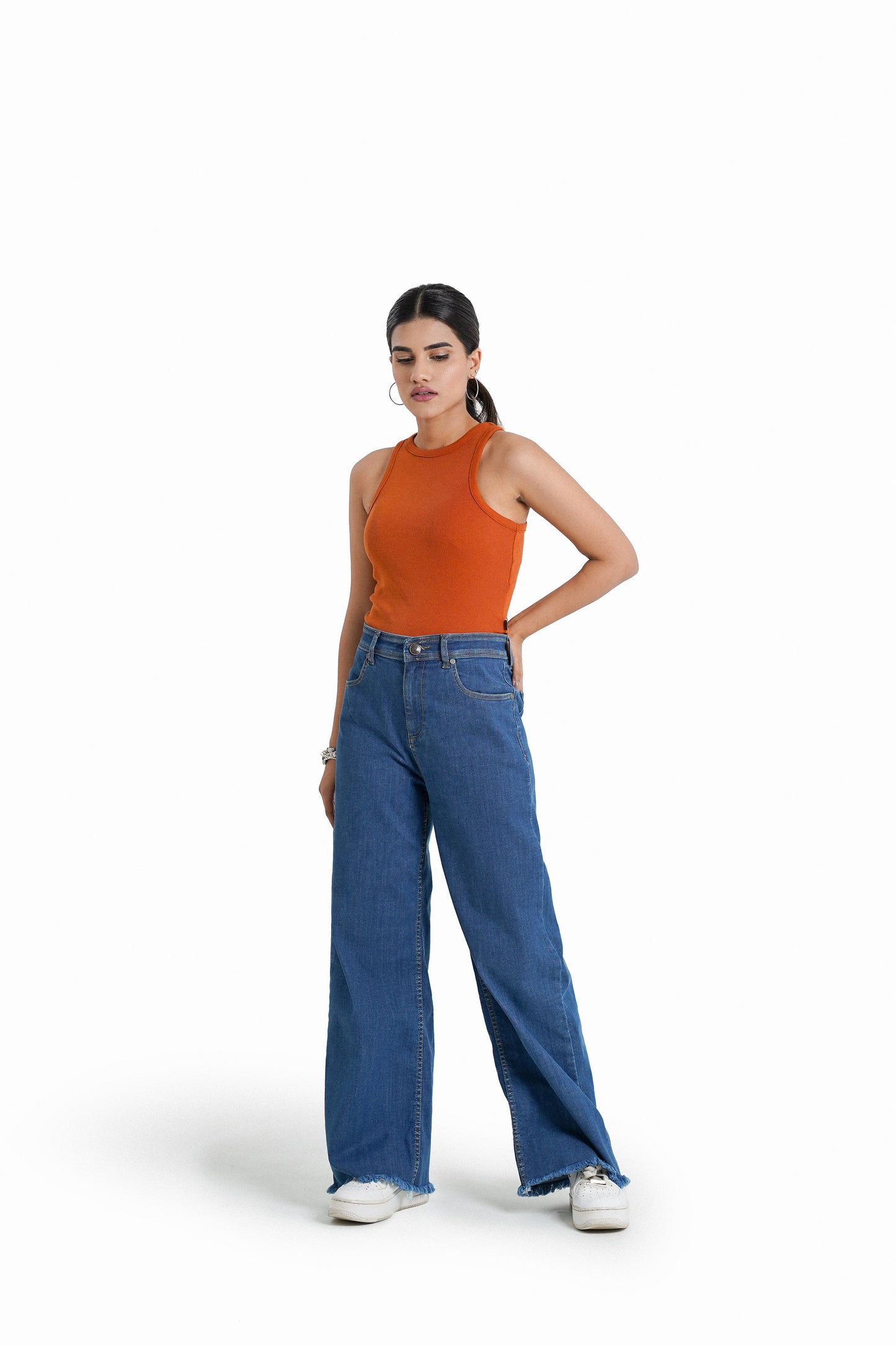 High-Waist Culotte Jeans in Mid-Wash