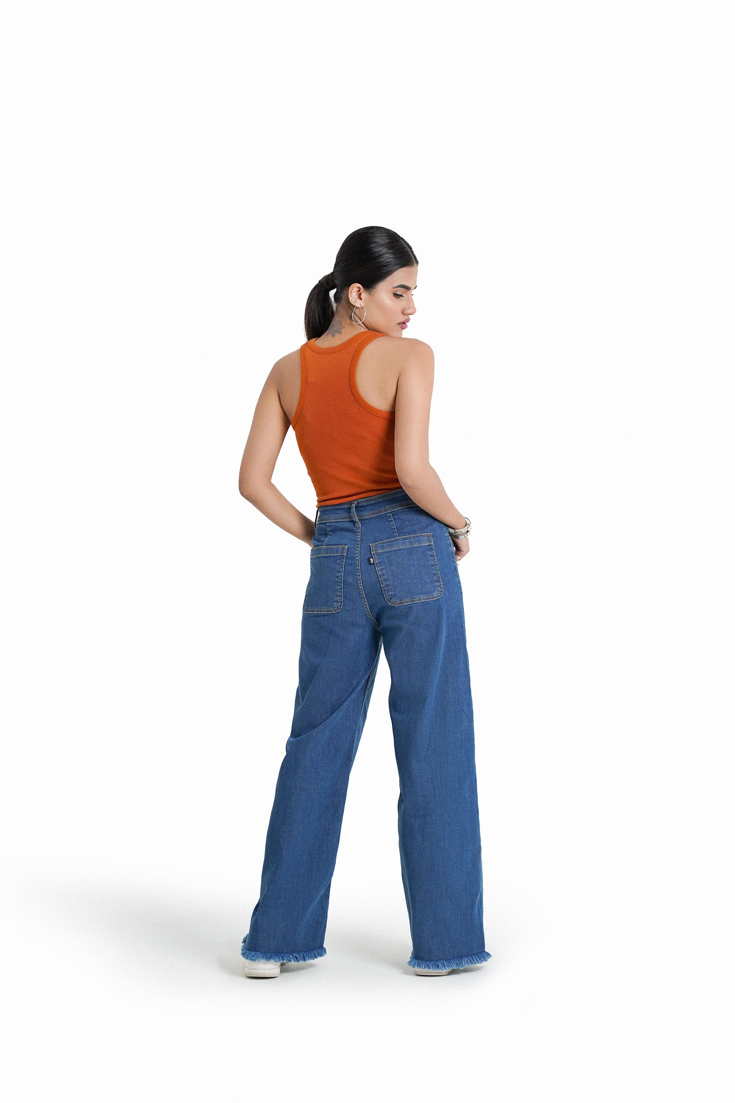 High-Waist Culotte Jeans in Mid-Wash
