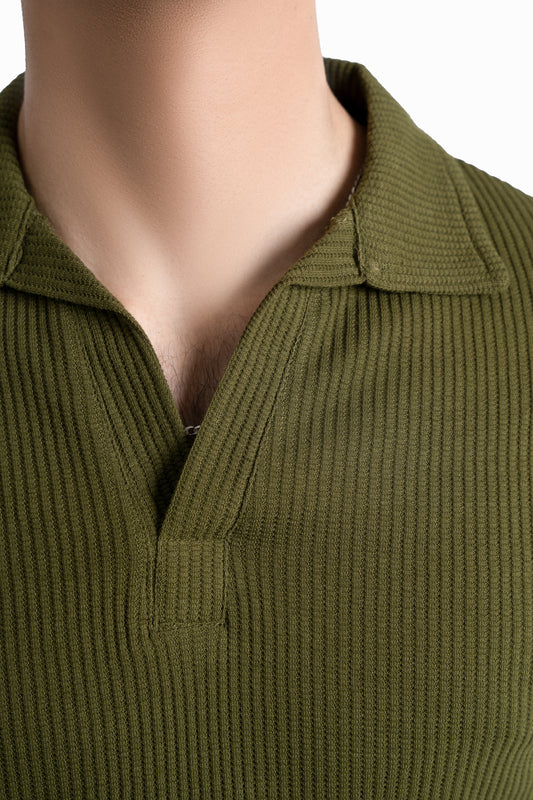 Waffle-Knit Revere Polo Shirt in Olive