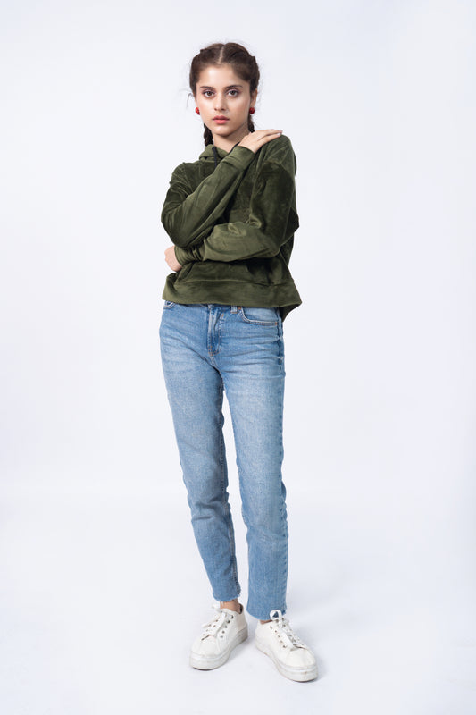 Velour Hoodie in Olive